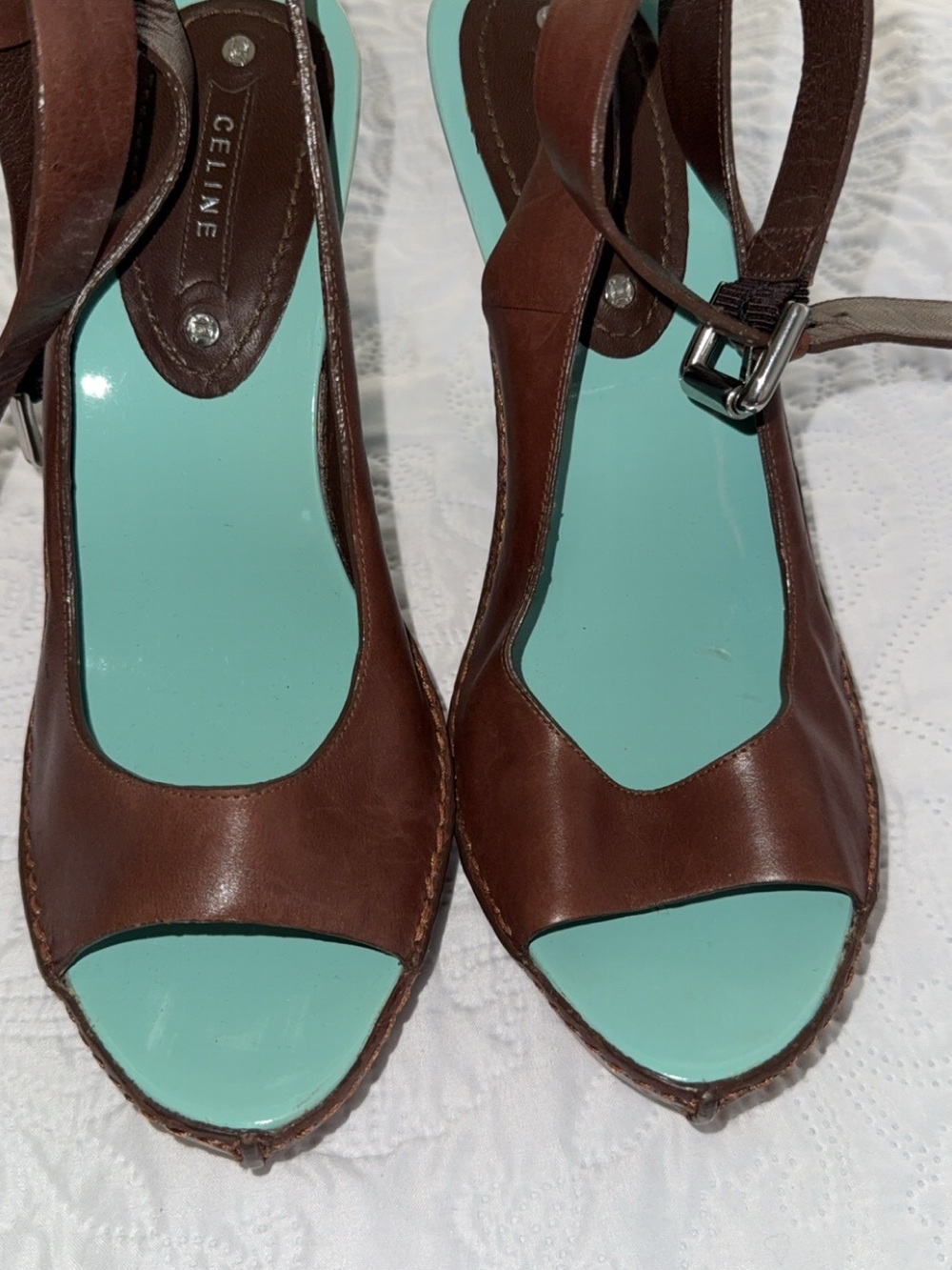 Celine Brown Leather Sandals with Turquoise Insole